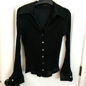 Black sheer striped blouse with black satin trim.